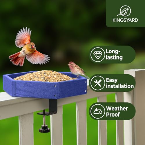 Kingsyard Clamp-On Deck Bird Feeder for Balcony Railings, No Drill | Recycled Poly Lumber, Weather Resistant, Mesh Tray for Airflow & Drainage, Fits Railings up to 2.2 in - color: Blue