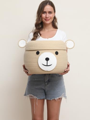 15x12 Inch Bear Hamper with Lid, Handcrafted Cotton Rope Animal Storage Basket, Woven Teddy Bear Bin for Kids Bedroom Playroom, Beige