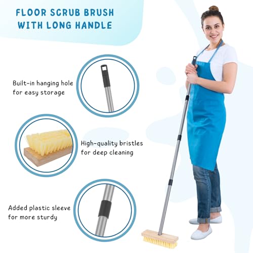 Floor Scrubber Brush with Long Handle for Deck Cleaning, 52'' Stiff Bristle Scrub Broom for Shower, Bathroom, Boat, Concrete, Carpet, Garage - color: Yellow