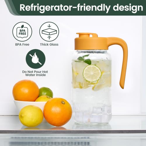 Mason Jar Pitcher, 64 oz (2 quart), Glass Pitcher with Lid | Airtight, Leak proof, Ergonomic Handle, Pour Spout Lid, Fridge Safe, for Sun Tea, Iced Tea, Cold Brew, Lemonade, Outside - color: Yellow