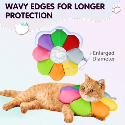 ANWA Waterproof Cat Cone Collar Soft, Cat Donut Collar After Surgery | Wavy Edges for Longer Protection, Waterproof Fabric, Adjustable Drawsting, Rainbow, Large - color: Rainbow, size: Large