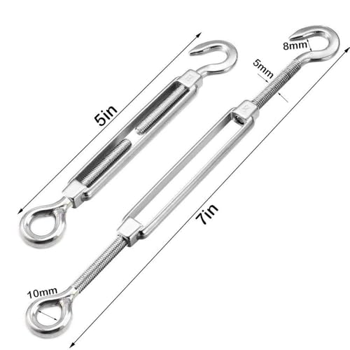 TooTaci 10 Pack M5 Turnbuckle, 304 Stainless Steel Turnbuckle Hook and Eye | Turnbuckles for Cables Wire, Turn buckle Tension Cable Tightener, Turnbuckle Wire Tensioner Kit for Sun Shade, Light Hanging - size: M5 OC-10Pcs