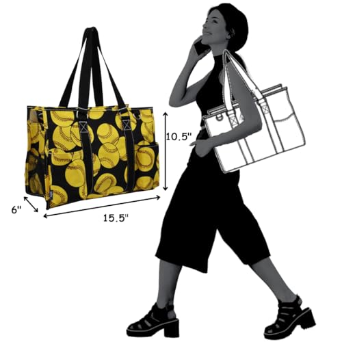 NGIL Utility Water Resistant Tote Bag | Work Tote for Women, Nurse Bag, Teacher's Choice Purse, Gym Bag, Everyday Organizer Top Zipper Closure - color: Softball-black