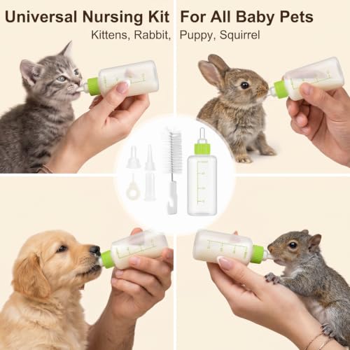 Pet Nursing Kit for Kittens Puppies, 1 Bottle with 4 Shaped Nipples | Syringe Clean Brush, Newborn Small Animal Feeding Set, Kitten Bottle Feeding Supplies(Round Pointed Cylindrical)