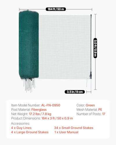 VEVOR Temporary Fence with Posts, 3 x 164 FT Plastic Mesh Fencing, Garden Safety Fences Netting with Double-Spike Stakes & Guy Ropes, Temporary Fence for Dogs, Chickens, Plants, Outdoor Yards - size: 36in*164ft