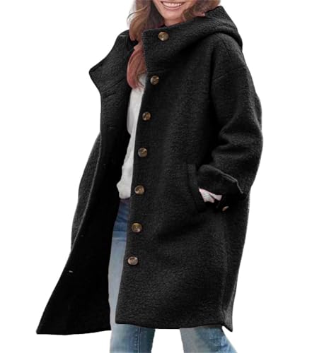 chouyatou Women's Winter Single Breasted Long Wool Coat with Hood Casual Wool Blend Trench Coat Jacket - color: Black, size: Large