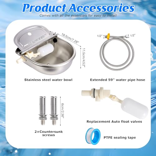 Automatic Chicken Waterer Stainless Steel with Drainage Hole | with Float Valve, Extended Pipe, Replacement Valve, Outdoor Auto Self Filling Water Bowl for Chicken,Duck,Geese, Poultry