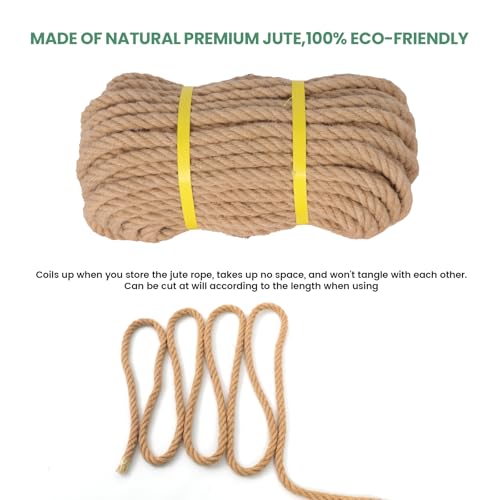 Natural Jute Rope, Heavy Duty Thick Rope, 1/2 in x 100 ft | For indoor and outdoor crafts, nautical rope decor, railings, hammocks, swings, gardening and tug of war - size: 1/2 in x 100 ft