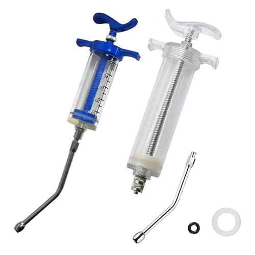 2 Set Feeding Syringe with 2 Drench Nozzle, Adjustable Dosage, Reusable Drench Gun Syringe for Small Animals Newborn Pet Livestock, Small Sheep Pig Dog Cat Bird Feeding Nursing Supplies (50ML+100ML) - size: 50ML+100ML
