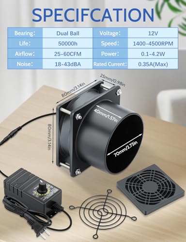 Wathai 80mm 12V DC Axial Exhaust Fan Small Fume Extractor with AC Plug | Dual Ball Bearing Fan with Variable Speed Controller for Soldering, 3D Printer Enclosure, Ventilation, DIY Cooling - style: 80x25mm 1 duct