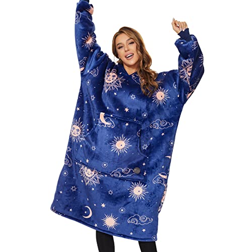 THREE POODLE Wearable Blanket Hoodie, Oversized Sherpa Sweatshirt Blanket for Adults Women Men, Warm Cozy Hooded Blanket, Gifts for Mom Girlfriend - color: Deep Blue Star, size: Adult-Extra Long