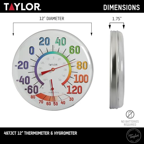 Taylor Metal Wall Indoor Outdoor Thermometer and Hygrometer, Easy to Read Numbers for Patio, Pool, and Indoor Areas, 12 inch, Multi