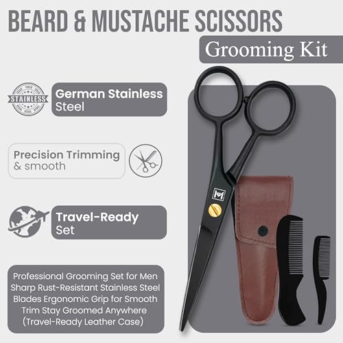 Beard & Mustache Scissors –5" Stainless Steel Grooming Kit with Case | Professional facial hair & beard trimming shear. Trims moustache, nose & eyebrows. Includes 2 mustache combs & travel pouch. - color: Black