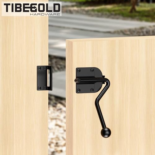 Slide Bolt Gate Latch, Heavy Duty Door Latch Hook Style, Sliding Gate Lock Latch with Ergonomic Round Handle, Black Gate Hardware for Outdoor Wooden Fence, Shed Door, Barn Door, 1 Pack