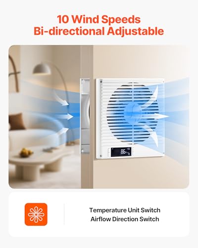 VEVOR Room to Room Fan, Two-Way Airflow Through-the-Wall Fan 8" with Remote, Temperature Control, 305 CFM 10-Speed Ventilation Quiet Vent for Bathroom, Laundry Room and Indoor - size: Dia. 8 inch, 305 CFM