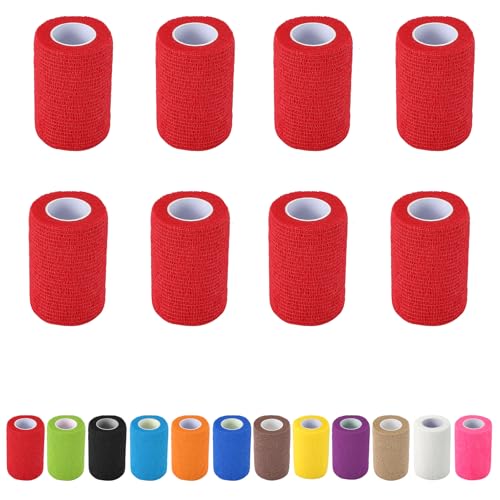 8 Pack Self Adhesive Bandage Wrap, 3 in x 5 Yards Vet Wrap Tape, Red | Non-Woven Self Adherent Cohesive Bandage for Thumb, Finger, Wrist, Knee, Ankle - color: Red