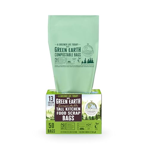 Green Earth Compostable Tall Kitchen Food Scrap Trash Bags, Compost Bin Compatible, 13 Gallon, 49 Liter, 100-Count, Superior Strength 0.9 Mil, ASTM D6400, BPI (US) & OK Compost Home (EU) Certified - size: 100 Count (Pack of 1), style: 13 Gallon