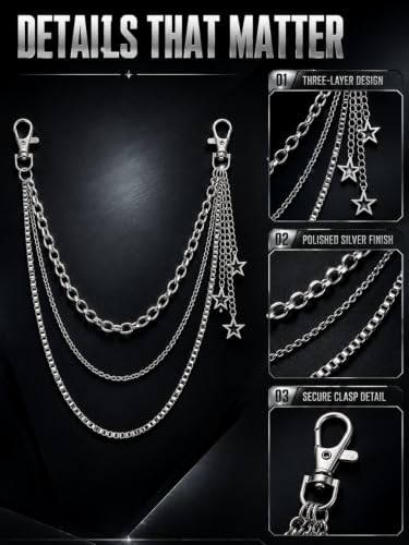 Layered Wallet Chain, Pants Chain for Men and Women | Layered wallet and pants chains for men and women to style jeans with punk, Y2K, biker, and streetwear looks. - color: Starlight Silver - Star Triple