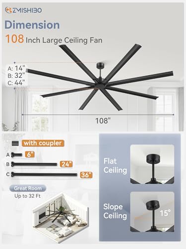 ZMISHIBO 108 Inch Industrial Ceiling Fan without Light, 8 Aluminum Blades | DC Motor, Damp Rated, 6 Speeds, Remote Control, 3 Downrods, Flat/Sloped Ceiling, Commercial, Farmhouse, Garage, Warehouse - color: Black, size: 108inch