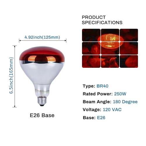 4 Pack 250 Watt Heat Lamp Bulbs for Chicks, R40 Brooder Heat Lamp for Chickens, Infrared Reflector Heat Bulbs for Brooder Heater, Incandescent Spotlight for Pet, Bathroom, Food - size: 4 Pack