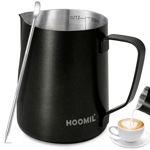 HOOMIL Milk Frothing Pitcher, 12oz/20oz/32oz 304 Stainless Steel | Steaming Pitcher with Clear Scale, Barista Milk Frother Cup Jug for Espresso Machine Coffee Cappuccino Latte Art - 12oz - color: Matte Black, size: 12 Ounces