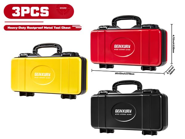 Geinxurn 3 Pieces Metal 11 Inches Steel Tool Organizer Portable Toolbox Red, Black and Yellow, Durable ABS Tool Storage with Plastic Handle and Double-Buckles - color: 3PCS