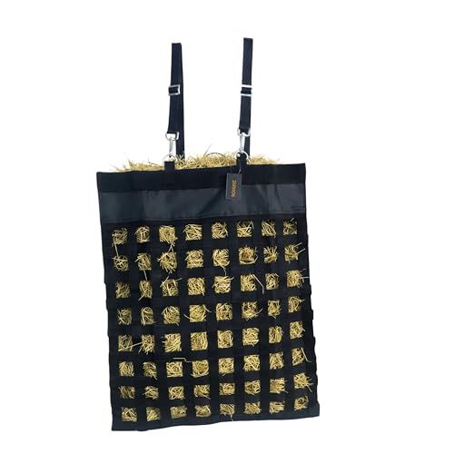 Slow Feed Hay Bag for Horses, Heavy Duty Nylon Hay Feeder with Adjustable Straps & Zinc Alloy Metal Hooks, Durable Mesh Design for Horse, Goat, Sheep & Cattle, 20 x 25 Inch