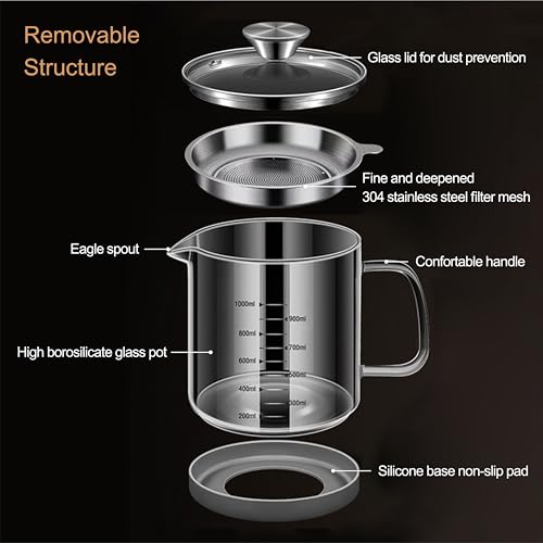 34oz Glass Oil Strainer Container with Fine Mesh Strainer for Bacon Grease, Nut Milk, Soy Milk, Tea Residues and All Purpose Straining (1L)
