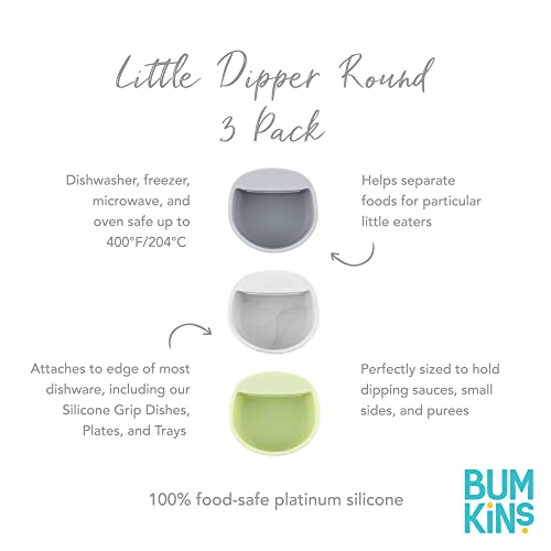 Bumkins Baby Silicone Little Dippers, Attaches to Bowls, Dishes and Plates, Sauce Cup, Holds Condiments, Dip, Puree, Toppings, Baby Led Weaning, Essential Feeding Supplies, for Babies 6 Months Up - color: Gry-Grn 3pk, size: 3-Pack