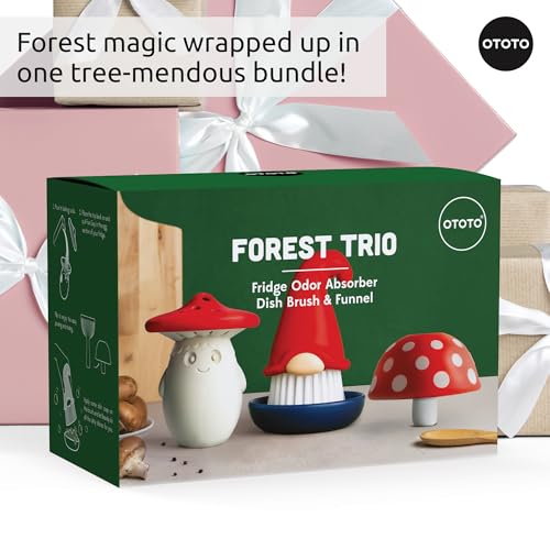 OTOTO Forest Trio Bundle of Beardy, Magic Mushroom, Fun Guy - Gnomes Dish Brush, Fungilicious Kitchen Funnel, Fridge Deodorizer, Mushroom Decor Cute Kitchen Accessories, Unique Mushroom Gnome Gifts - style: Forest Trio