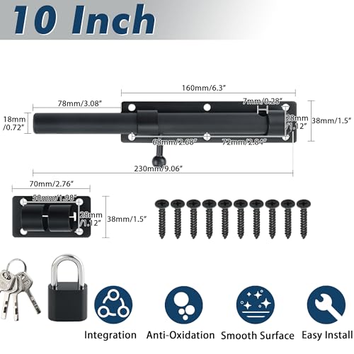 Alise 10 inch Barrel Bolt Latch,Black Heavy Duty Slide Lock for Barn Door | SUS304 Stainless Steel Padlock-Style Slide Bolt Latch,Security Gate Latch for Wooden Fence,Outdoor Door(Includes a door lock) - color: Black, size: 10 inch-lock set