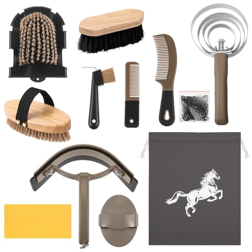 Abbylike 12 Pieces Horse Grooming Kit Racing Festival Tack Room Supplies Horse Brush Sets Equine Care Cleaning Kit Shedding Grooming Massaging Tools(Dark Gray) - color: Dark Gray