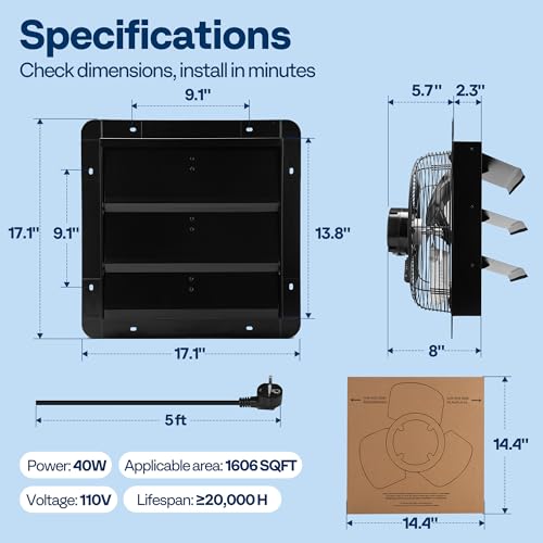 VIVOHOME 14" Shutter Exhaust Fan with EC Motor | 1700 CFM with Thermostat, Variable Speed, Timer, Wall-Mounted for Attic, Garage, Greenhouse, Chicken Coop, Barn Ventilation - size: 14"