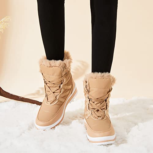 BABUDOG Womens Warm Fur Lined Mid-Calf Boots Waterproof Winter Snow Boots Non-slip Lace up Combat Boots - color: Apricot, size: 9