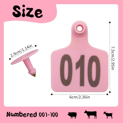 Cattle Ear Tags 101-200 Numbered Large Plastic Livestock Ear Tag,Pink | L3'' x W 2.5'' For Sheep Calf Goat Pig,Animal Id Tags For Ranch & Farm Herd Tracking, Laser Print Clear Numbers,Copper Head - color: Pink, size: 101-200