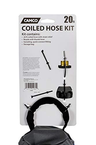 Camco 20’ Coiled Water Nozzle with Adjustable Spray Pattern Kit – Hose Design Prevents Kinking and Tangling, for Car Washing and Gardening (41980) - style: 20' Coiled Water Hose Kit