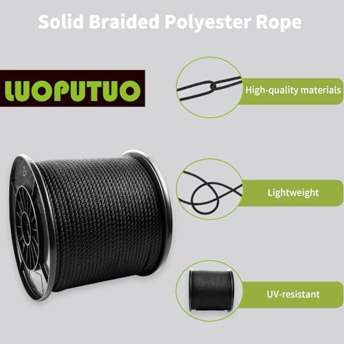 1/4 Inch × 500 FT Black Polyester Solid Braid Rope – UV & Abrasion Resistant, Low Stretch, Multipurpose for Flagpole Halyard, Clothesline, Camping, and Utility Tasks - size: 1/4 In×500 FT