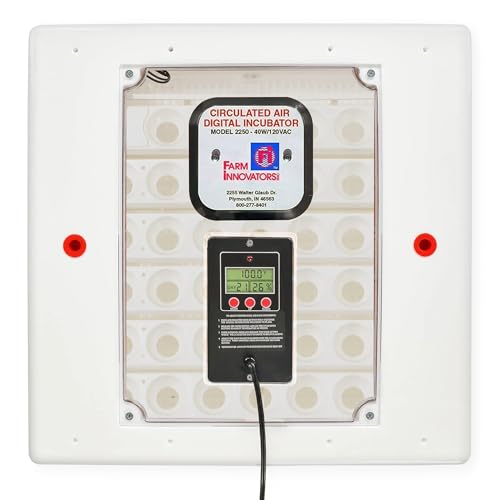 Farm Innovators Model 2200 Circulated Air Incubator, White | 4 dozen egg capacity; integrated fan; digital display w/temperature, humidity, days to hatch; large window; 40W - color: Digital Circulated Air, size: 1 Pack