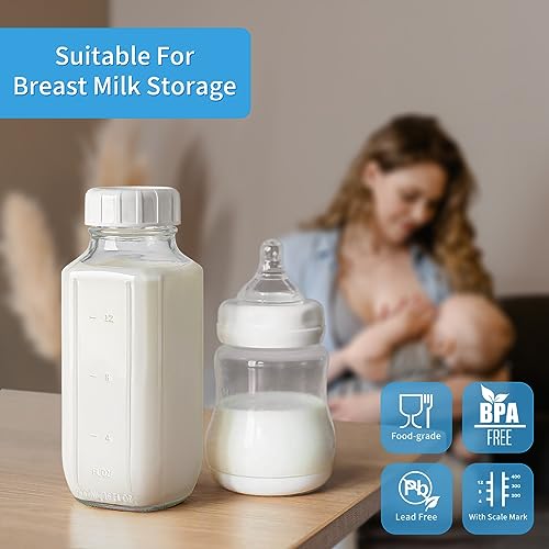 Syntic 8 Pack 16 Oz Glass Milk Bottles with Lids,2 Pour Spouts & Extra Lids | Reusable Glass Bottles with Measurement Marks for Juice,Breast Milk,Beverage Storage,Refrigerator Organization & Daily Use