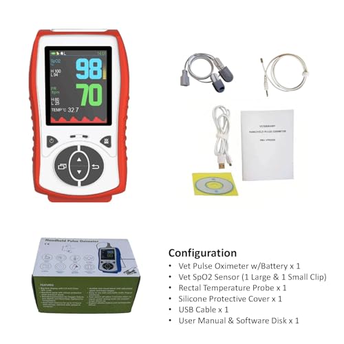 Veterinary Handheld Pulse Oximeter for SpO2/Heart Rate/TEMP | Vet-Recommended, Accurate Reading for Dogs/Cats/Horses/Pets, Rechargeable, Multi-lingual, Silicone Protective Case