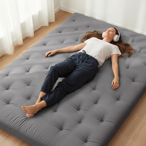 ZonLi Japanese Floor Futon Mattress 100% Cotton Cover Foldable Portable | 75" x 54" Full Size 2.5" Thick Tatami Mat Sleeping Pad, Roll Up Floor Lounger Bed for Guest, Dormitory, Camping & Travel - color: Grey, size: Full(75"L x 54"W x 2.5"Th)
