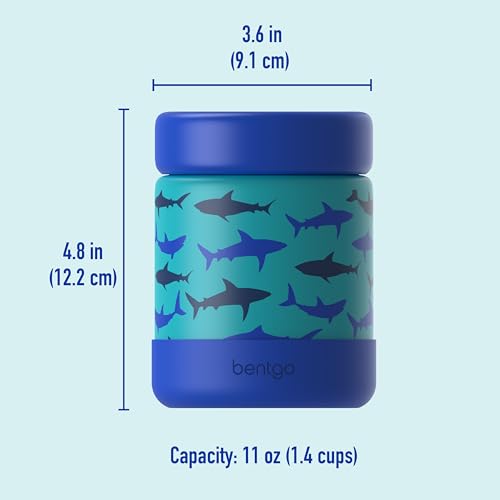 Bentgo Kids Stainless Steel Leak-Proof Food Jar for Hot or Cold Food | 11 fl oz Double Insulated Container with Removable Silicone Bumper, Dishwasher Safe, Easy Open Lid, Ages 3+ (Sharks) - color: Shark