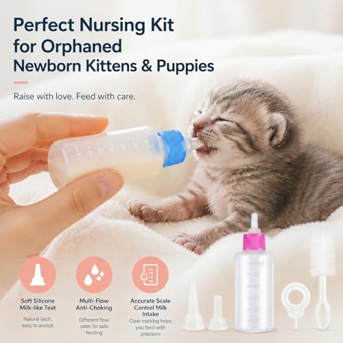 Tondiamo 17 Pcs Kitten Bottle Feeding Kit Puppy Bottles for Nursing Puppy Milk with Nipples Cleaning Brushes Bottle Opening Needles Hand Feeding Supplies for Newborn Small Pet Rabbits Ferrets - color: Blue, Pink