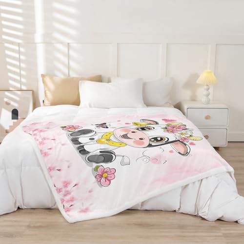 Kawaii Cow Kids Throw Blanket,Japanese Ukiyo-e Cherry Blossom Bed Blanket for Girls Women,Cartoon Cattle Farm Animal Rustic Fleece Blanket,Pink Fuzzy Blanket,40 x 50 Inches - color: Black White Pink, size: 40"×50"