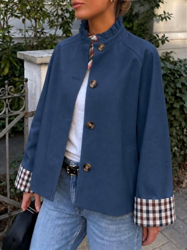 Cicy Bell Womens Ruffle Short Trench Coat Single Breasted Cropped Jackets | Stand Collar, Fall Jackets, Outerwear Coats, Button Down, Plaid Cuffs - color: Navy, size: XX-Large