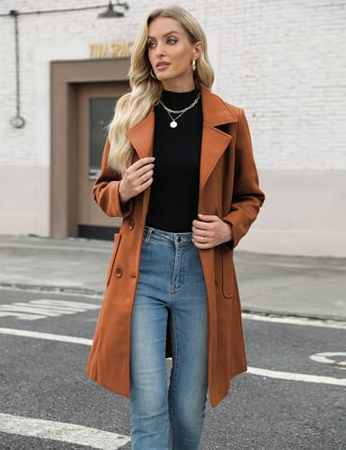 Women Winter Wool Blend Camel Mid-Long Coat Notch Double-Breasted Lapel Jacket Outwear - color: Brown, size: Medium