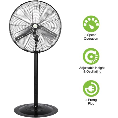 hykolity 30" 8900 CFM High-Velocity Industrial Pedestal Fan, 3-Speed Heavy Duty Oscillating Stand Fan with Aluminum Blades and Adjustable Height, Metal Shop Fan for Commercial, Warehouse, and Garage