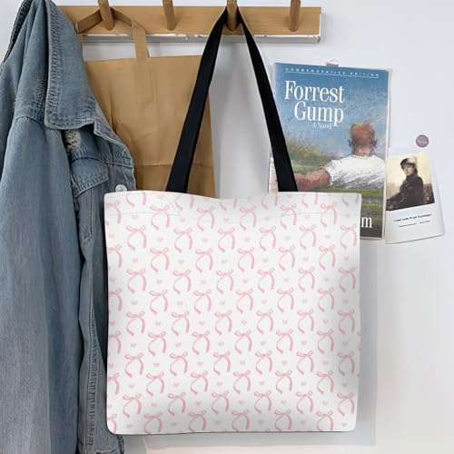 Canvas Tote Bag for Women，Cute Heavy-Duty Shoulder Bag with Zipper Pocket -Travel Tote for Grocery, Gym,Shopping - color: Cute Pink Bows
