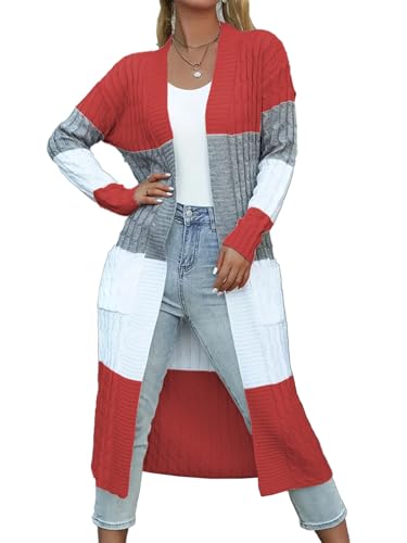 Womens Color Block Cardigan Sweater Long Duster Open Front Sweater in Chunky Cable Knit Plus Size Cardigan - color: 01-red, size: Small