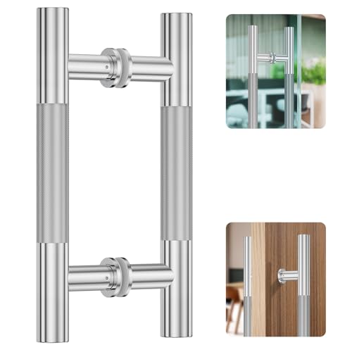 Ranbo 12" Knurled Door Pull Handle, 8"(203mm) CTC, Polished Chrome | Heavy Duty 1.5mm 304 Stainless Steel, Back to Back Pull Handles for Shower, Barn, Commercial Doors, Enhanced Grip - size: 12 Inch